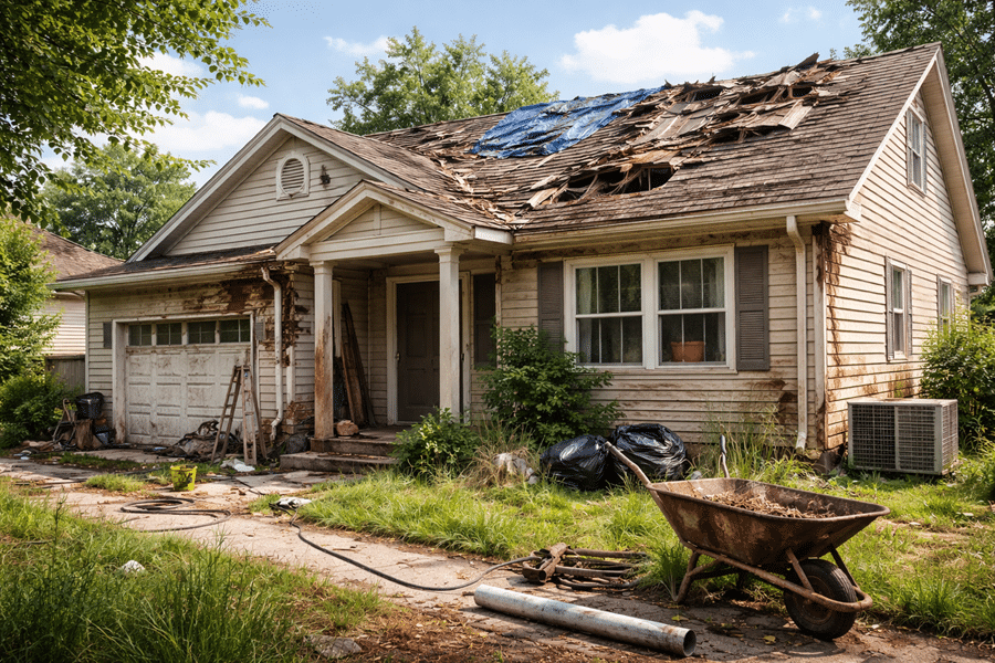Front view of a single-family home with a severely damaged roof and construction debris in the yard