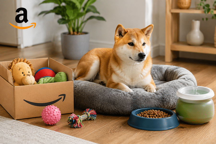 Shiba Inu resting in a gray dog bed next to a cardboard box of dog toys and a blue bowl of kibble, with an Amazon logo visible in the corner.