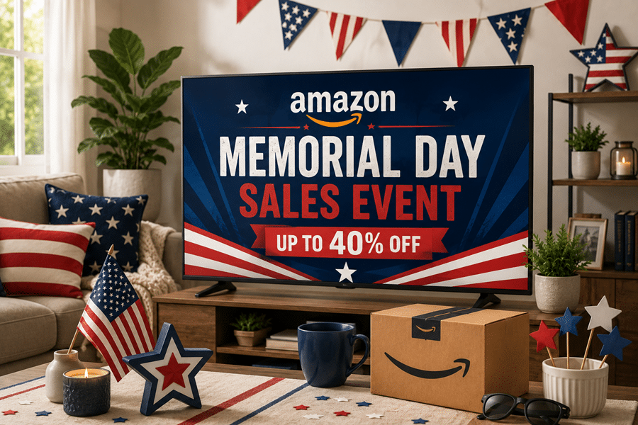 TV screen promoting Amazon Memorial Day Sales Event—Up to 40% Off—amid patriotic red, white, and blue decor in a living room.