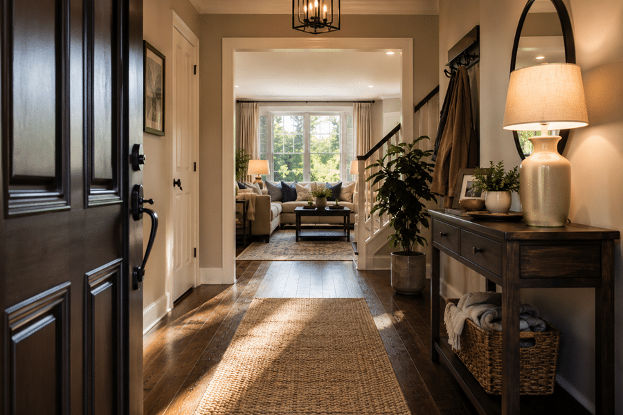 Entryway with a rug leading to a bright living room, console table with lamp and plant on the right.