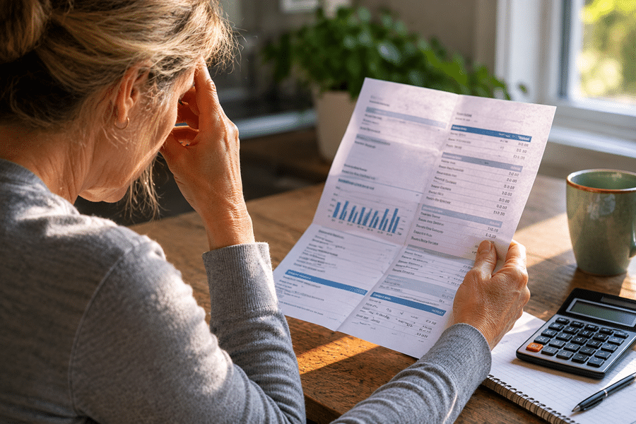 Woman examines a printed financial statement at a desk, with a calculator and notebook nearby.