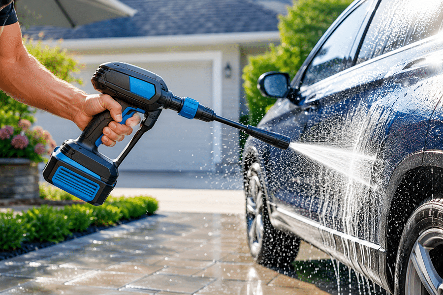 Person using a blue cordless pressure washer to spray a car on the driveway in a sunny suburban setting.