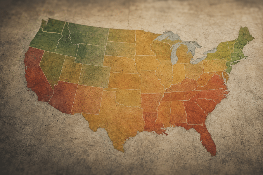 Color-coded map of the United States with state boundaries on a textured beige background.