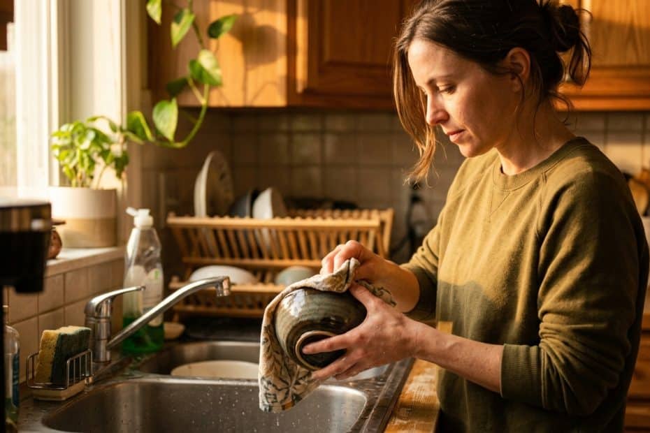 Woman washing a ceramic bowl at a sunlit kitchen sink, with a dish rack and plants in the background.