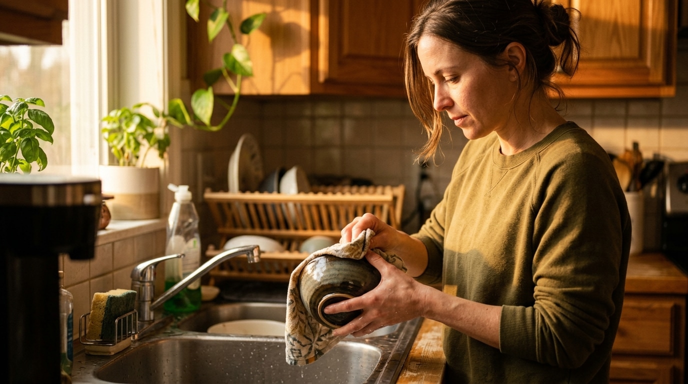 Woman washing a ceramic bowl at a sunlit kitchen sink, with a dish rack and plants in the background.