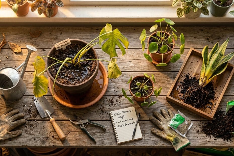 Gardening workspace with potted plants, soil, gloves, and hand tools on a wooden table by a window.
