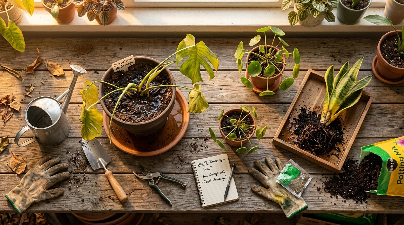 Gardening workspace with potted plants, soil, gloves, and hand tools on a wooden table by a window.