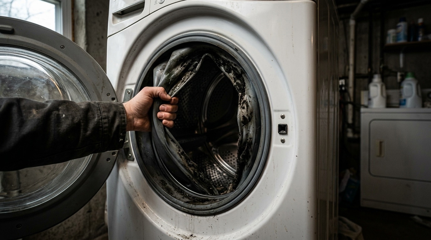 Person inserting a dirty garment into a front-loading washing machine in a dim basement laundry room.