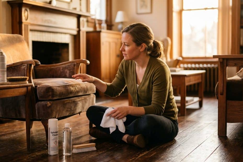 Woman kneeling on a wooden floor, cleaning a sofa with a cloth while cleaning supplies sit nearby in a sunlit living room.