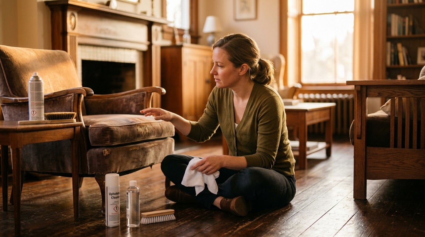 Woman kneeling on a wooden floor, cleaning a sofa with a cloth while cleaning supplies sit nearby in a sunlit living room.