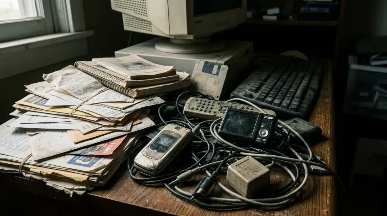 Outdated Electronics and Paper Clutter